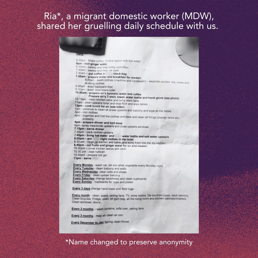 Overwork is one of the top complaints faced by migrant domestic workers that HOME assists. MDWs deserve strong protections against overwork, including inclusion in the Employment Act and weekly, 24-hour rest days. Read more: home.org.sg/our-updates/20…