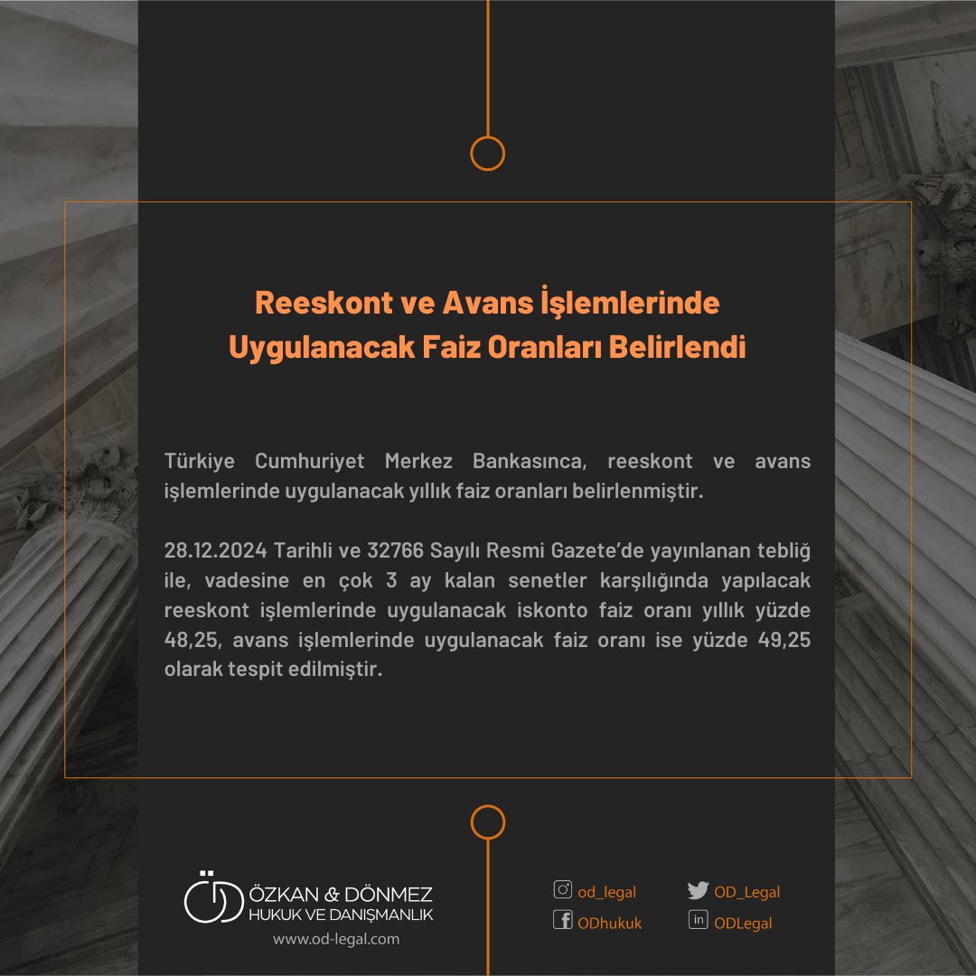 Reeskont ve Avans İşlemlerinde Uygulanacak Faiz Oranları Belirlendi #ODLegal #gündem