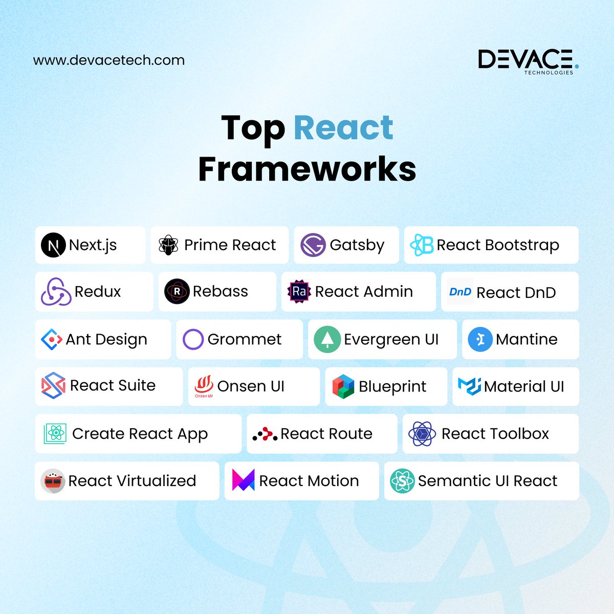 devacetech's tweet image. #Reactframeworks #devace #Nextjs #primereact #Gatsby #Redux #OnsenUI #Rebass #reactmotion #reacttoolbox