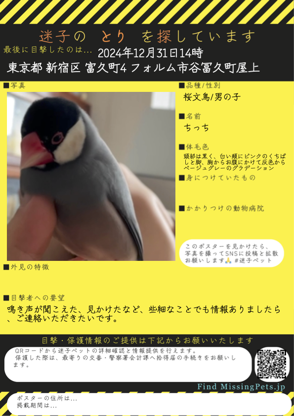 nekonare_sub's tweet photo. 📢拡散希望
東京都新宿区 で とり が迷子です

名前はちっち
桜文鳥の男の子

[詳細]
⬇️目撃・保護等の情報をお届けください🙏
https://t.co/WxaI06YGPd

[検索ワード]
#迷い鳥 #鳥好きさんと繋がりたい
FindMissingPets 🐦 迷子鳥 迷子ペット 探しています https://t.co/zhRPXZSihs