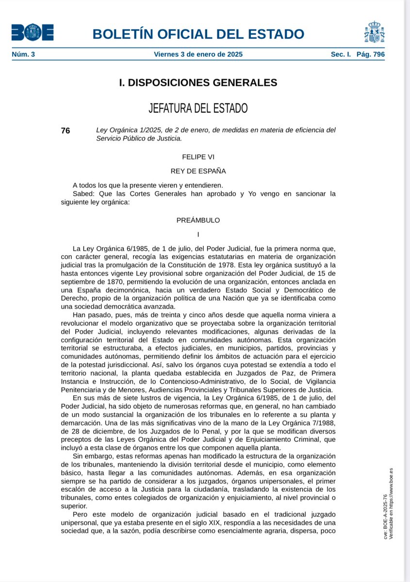 La Ley de Eficiencia del Servicio Público de Justicia es una realidad en el BOE.

Gracias a todos los que lo habéis hecho posible, especialmente a los servidores públicos del Ministerio que llevan más de una década trabajando para transformar la Justicia. 
boe.es/boe/dias/2025/…