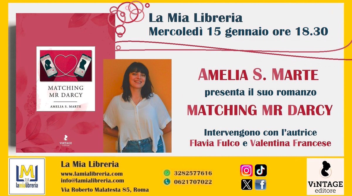Mercoledì 15 gennaio 2025 ore 18.30 in libreria Amelia S. Marte presenta il suo romanzo d’esordio “Matching Mr Darcy”, contemporaneo, ironico e delicato. Dialogano con l’autrice Flavia Fulco e Valentina Francese 

#vintage #lamialibreriaroma