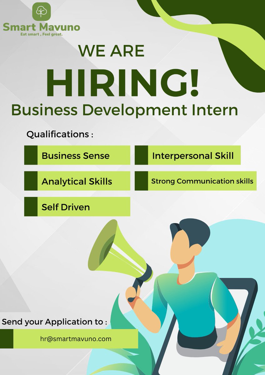 🚨 Reminder: Applications for the SmartMavuno Internship close on 6th January!  

📩 Send your CV and request to hr@smartmavuno.com before the deadline.  

⏳ Don’t miss this opportunity to join our dynamic team! #SmartMavuno #InternshipOpportunity