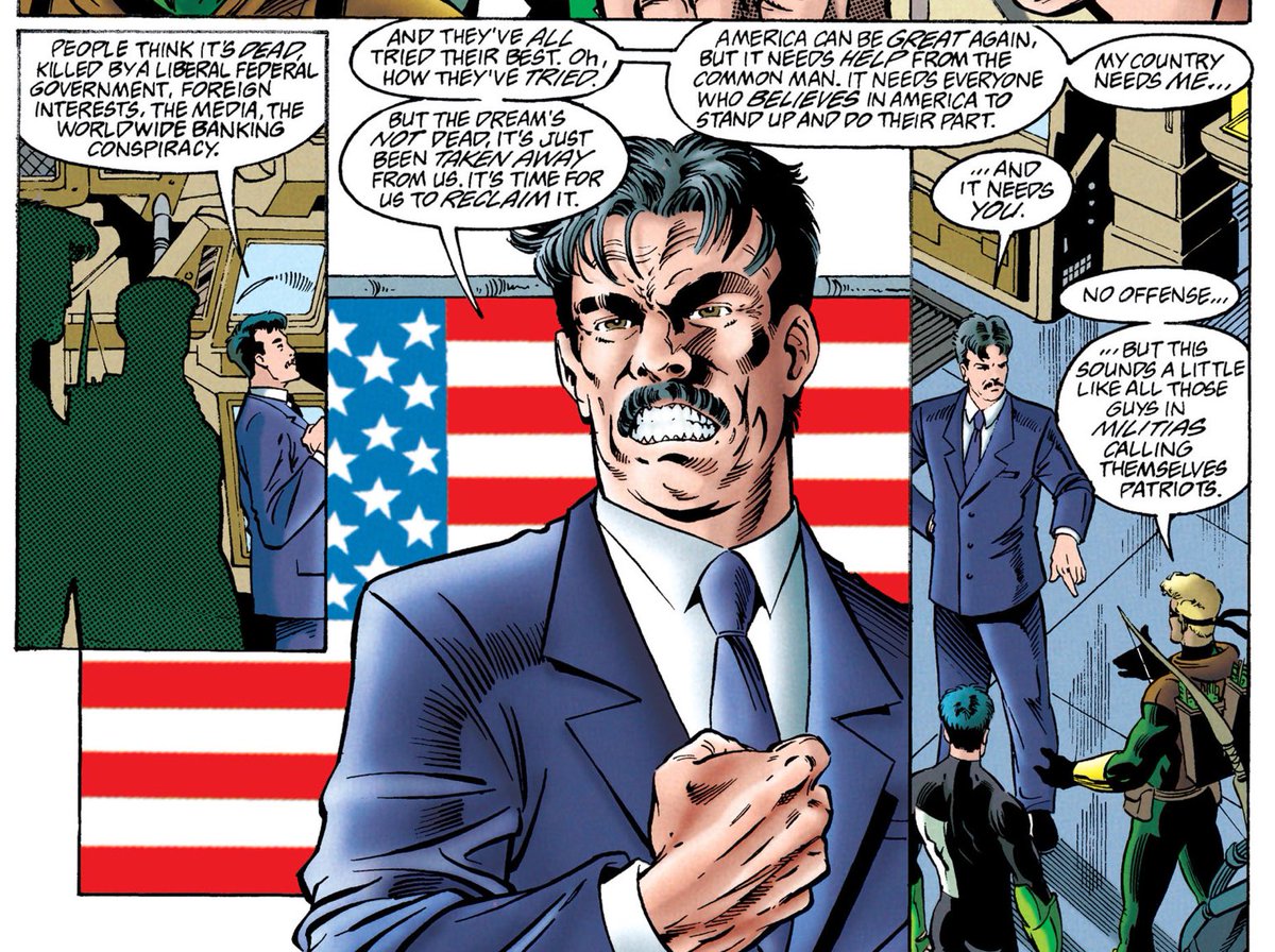 twoheadednerd's tweet image. Rereading Green Lantern/Green Arrow: Hard-Traveling Heroes - The Next Generation for the first time in 20+ years. @ronmarz is a goddamn PROPHET. It’s especially compelling considering the leanings of his co-writer on the GA chapters…