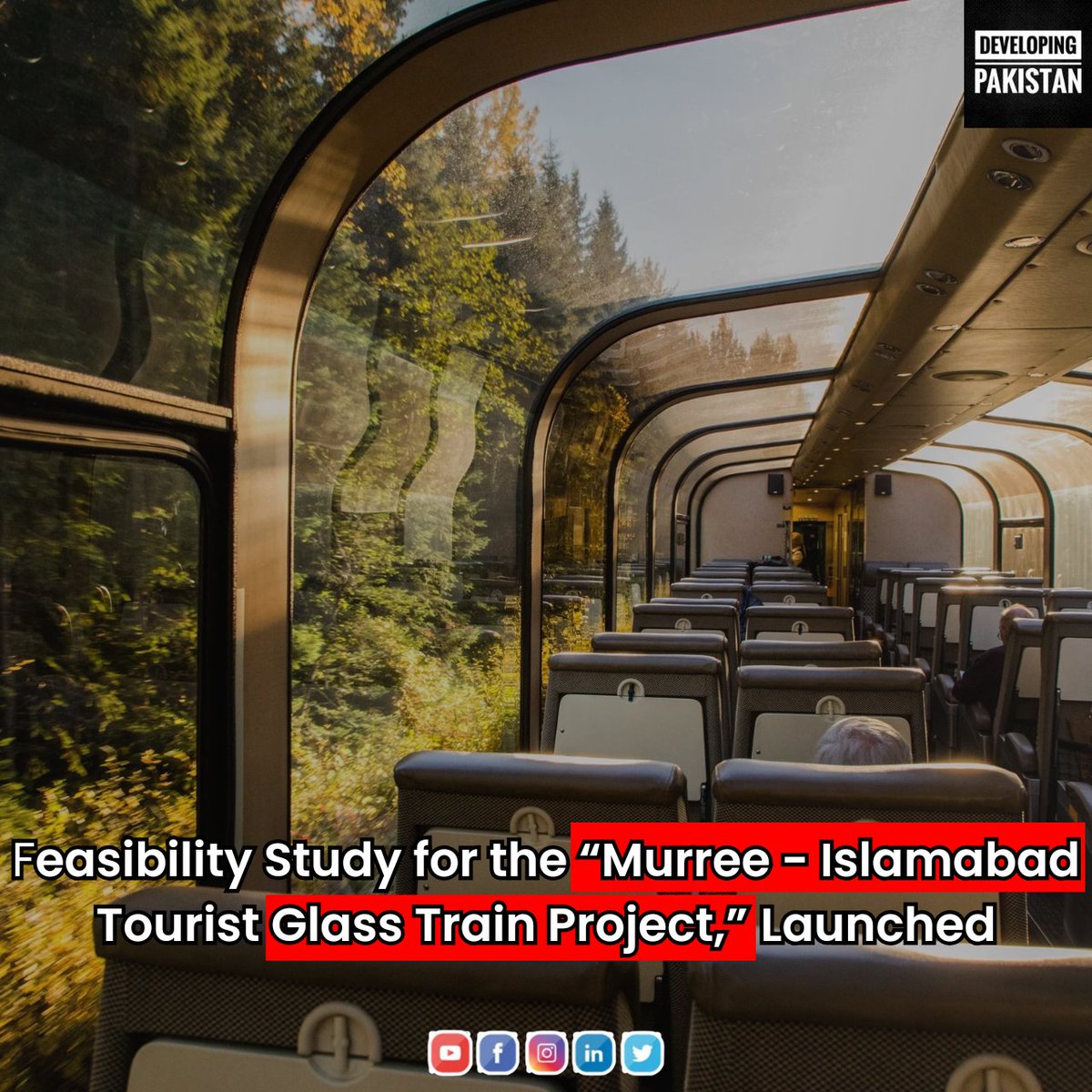 developingpak's tweet photo. The feasibility study for the “#Murree Tourist Glass Train Project,” aimed at linking #Islamabad and Murree, is expected to be finalized by April 30, 2025. The task of conducting the study has been entrusted to the National Engineering Services Pakistan (#NESPAK).
Following the completion of the study, the project will require approval from the relevant authorities before proceeding to the contract stage, which will be awarded through an international tendering process. The initiative will be implemented under a public-private partnership model.
The proposed route for the glass train will cover a 55-kilometer stretch from Islamabad to Murree, beginning at the H-9 Railway Station in Islamabad
#GlassTrain #TourismTrain #Tourism #Railway #Pakistan #Punjab 🇵🇰🇵🇰