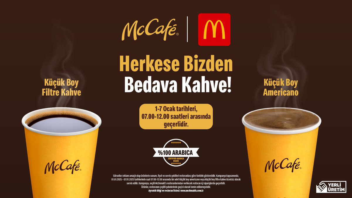 Odatv (@odatv) on Twitter photo McDonald’s Türkiye'den herkese bedava kahve! 1-7 ocak tarihleri arasında 07.00-12.00 saatleri arasında küçük boy filtre kahve veya americano hediye!
#YeniYılKahvesi #işbirliği <a href="/McDonaldsTR/">McDonald's Türkiye</a> McDonald’s Türkiye'den herkese bedava kahve! 1-7 ocak tarihleri arasında 07.00-12.00 saatleri arasında küçük boy filtre kahve veya americano hediye!
#YeniYılKahvesi #işbirliği <a href="/McDonaldsTR/">McDonald's Türkiye</a>