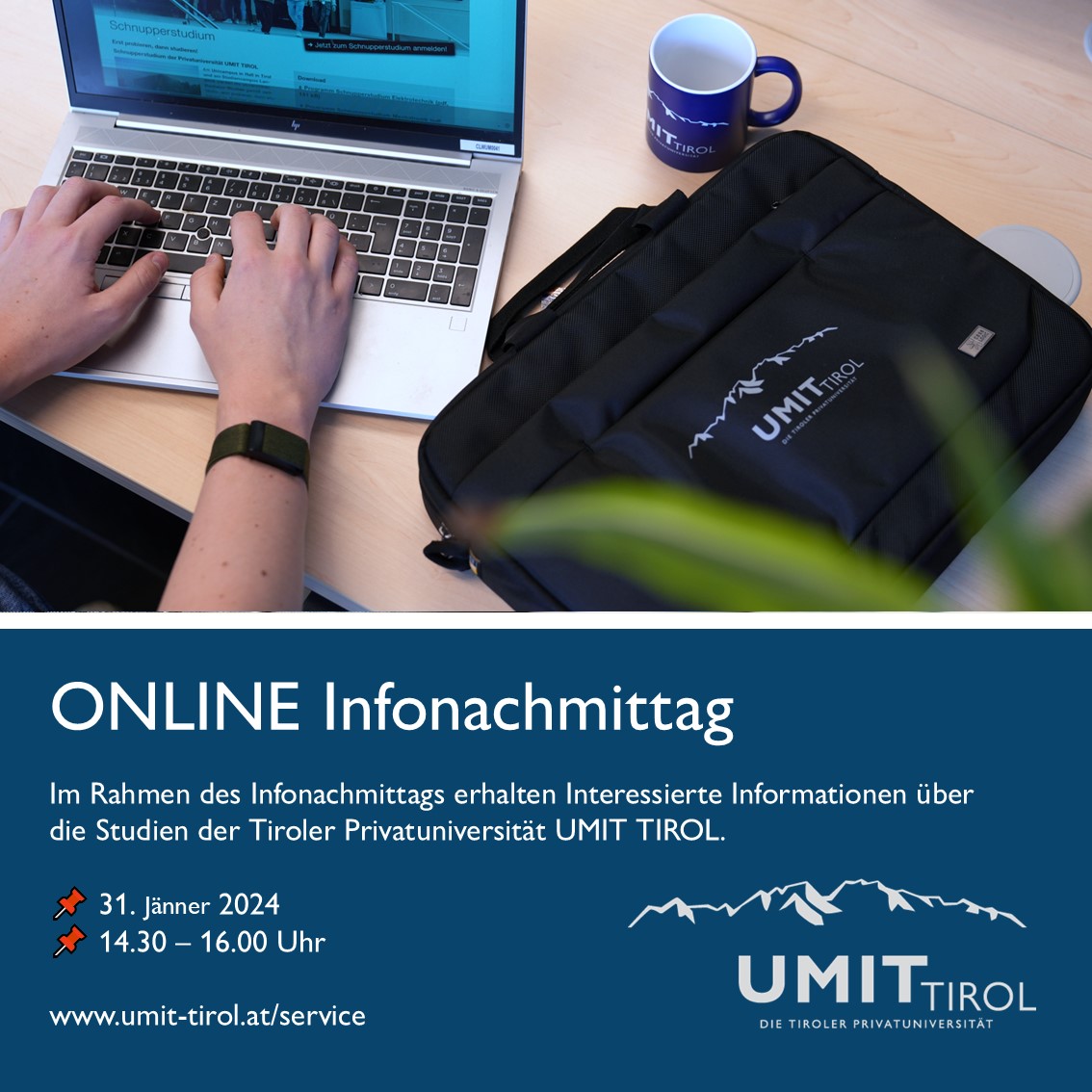 UMIT_University's tweet photo. Der nächste Online Infonachmittag / Studienberatung findet am
📌 31. Jänner 2025 von 14.30 Uhr bis 16.00 Uhr statt.
👉️💻️ https://t.co/GbEVdPxfax
#informieren #studieren #infotag #studium #umittirol #wissenschaft #forschung #tirol #bachelor #master https://t.co/UeG2myz3yN