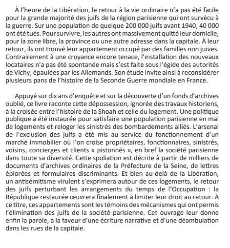 1/3. À venir aux éditions La Découverte. 
Isabelle Backouche, Sarah Gensburger et Eric Le Bourhis, Appartements témoins. La spoliation des locataires juifs à Paris sous l’Occupation, 1940-1946.
En librairie le 20 février.