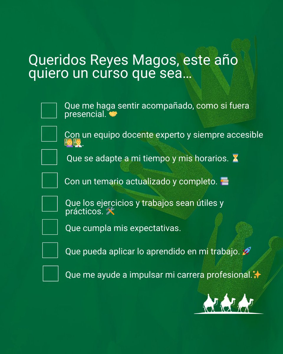 🎁 Queridos Reyes Magos:

Este año quiero un curso que me haga sentir acompañado, y que se adapte a mi tiempo. Quiero aprender cosas nque me impulsen a cumplir mis metas.

🌟¿Y tú? ¿Qué pedirías para tu formación este año?

#CampusSEAS #SEAS #FormaciónOnline