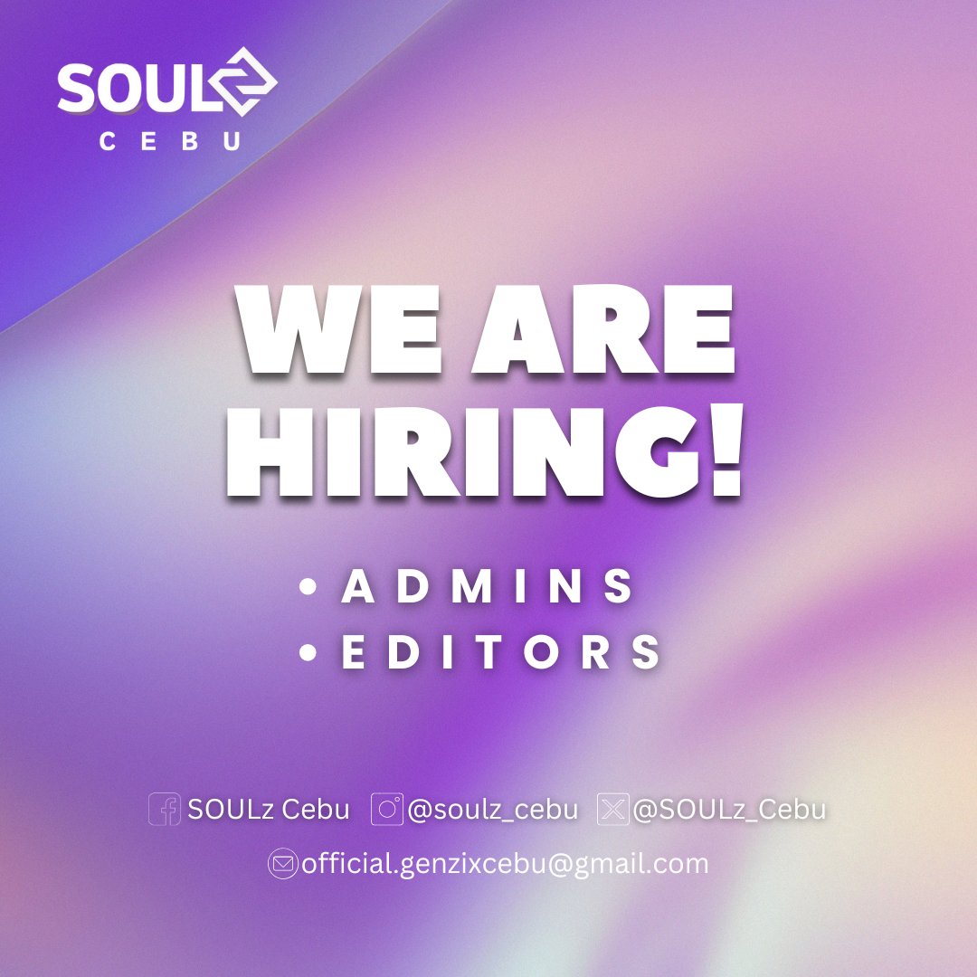 SOULz_Cebu's tweet photo. Happy New Year, SOULz! As we kickstart this year's plans and activities, we are HIRING for ADMINS and EDITORS!✨

If you got what it takes to be one, send us a DM!📩

#GenZix #SOULz #SOULz_Cebu https://t.co/DmmxYk6HI9
