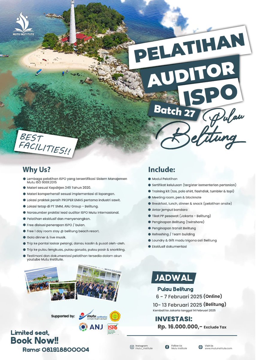 PELATIHAN AUDITOR ISPO BATCH 27  

Jadwal Pelatihan: 
6-7 Februari 2025 (Online) 
10-13 Februari 2025 (Belitung) 

Selengkapnya : instagram.com/p/DCyh_2TyyEg/…

#pelatihanispo #pelatihanauditor #kelapasawit #ispo
