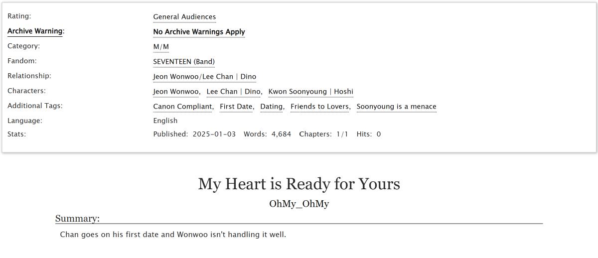 My Heart is Ready for Yours - wonchan - canon compliant

archiveofourown.org/works/61923046