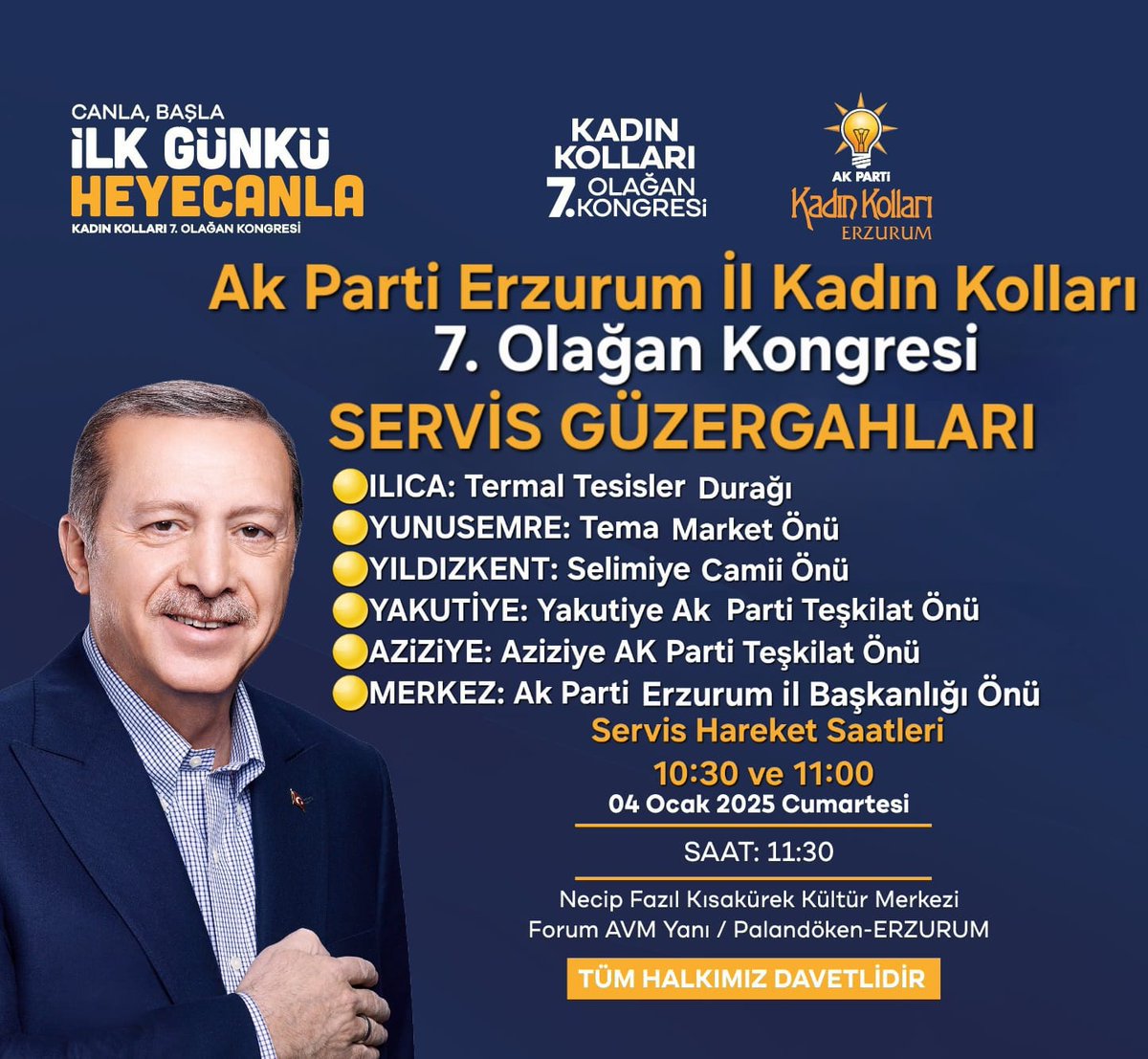 AK Parti Erzurum İl Kadın Kolları 7. Olağan kongremize davetlisiniz!

🗓️: 4 Ocak Cumartesi 
⏰: 12.00
📍: Necip Fazıl Kısakürek Kültür Merkezi