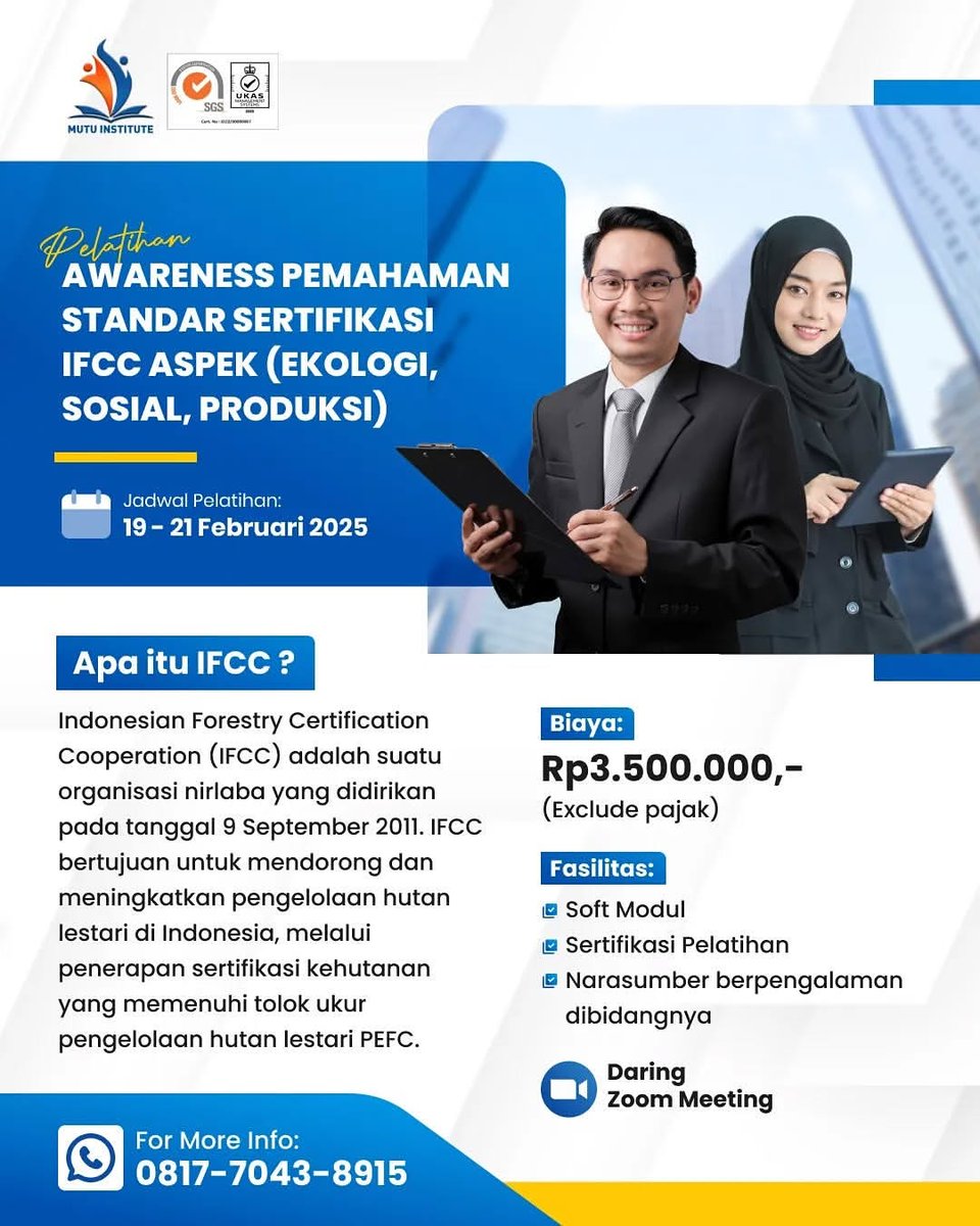PELATIHAN PEMAHAMAN STANDAR SERTIFIKASI IFCC ASPEK (EKOLOGI, SOSIAL, PRODUKSI)

Jadwal Pelatihan: 19-21 Februari 2025

Selengkapnya: instagram.com/p/DEHU892yyXo/…

#PelatihanIFCC #Sertifikasi #ekologi #sosial #Produksi #Pelatihan