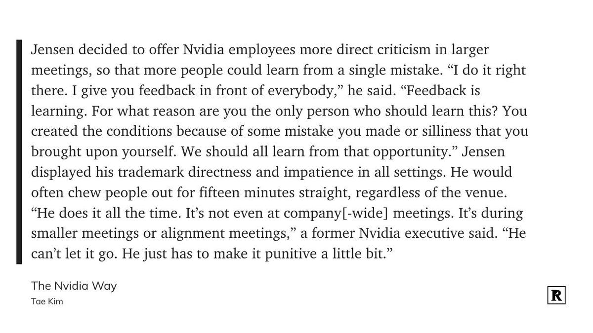 vshenoy's tweet photo. I've come to realize (the hard way) that one of the most important drivers of a great culture is the focus on sharing direct, actionable,  constructive feedback across levels. And Jensen sets the bar high here.  Netflix is another company that has mastered this approach to feedback. (3/6)