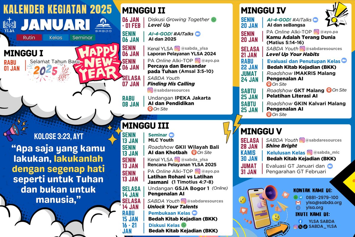 Pada Januari 2025 banyak event yang diselenggarakan SABDA. Yuk join dalam setiap eventnya dan ajak rekan-rekanmu! See u. 

#kalender #events #SABDA #YLSA