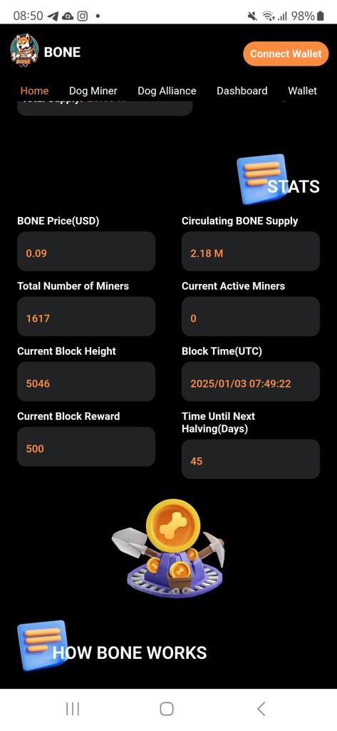 The issue rising from the mining data not showing appears to be a temporary network issue from the subnet (brlsh-zidhj-3yy3e-6vqbz-7xnih-xeq2l-as5oc-g32c4-i5pdn-2wwof-oae) on which BONE is built on and we're calling on the <a href="/DFINITYDev/">DFINITY Developers ∞</a> to check it out and fix.