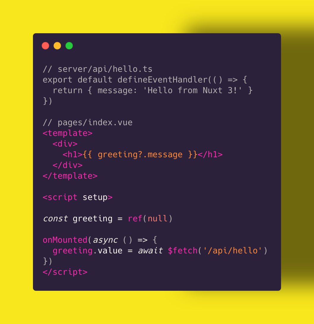 WTFSahil's tweet photo. Been loving this Nuxt 3 feature! You can spin up a server endpoint and seamlessly fetch it in your pages with just a few lines. 

#Nuxt3 #VueJS #FrontEnd #WebDevelopment #JavaScript https://t.co/OecVK3EW2T