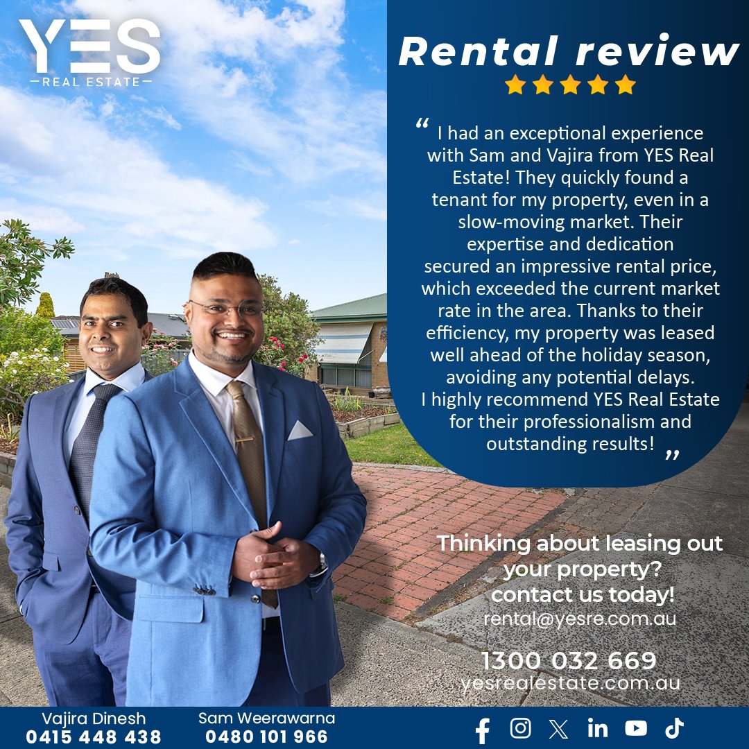 YESRealEstateAu's tweet image. ✳️𝗘𝘅𝗰𝗲𝗽𝘁𝗶𝗼𝗻𝗮𝗹 𝗟𝗲𝗮𝘀𝗶𝗻𝗴 𝗥𝗲𝘀𝘂𝗹𝘁𝘀 𝘄𝗶𝘁𝗵 𝗬𝗘𝗦 𝗥𝗲𝗮𝗹 𝗘𝘀𝘁𝗮𝘁𝗲!

✅Thinking of leasing your property? Let us help you get top results.

Sam 📲 0480 101 966
Vajira 📲 0415 448 438

🌐yesrealestate.com.au

#YesRealEstate #PropertyLeasing #melbourne