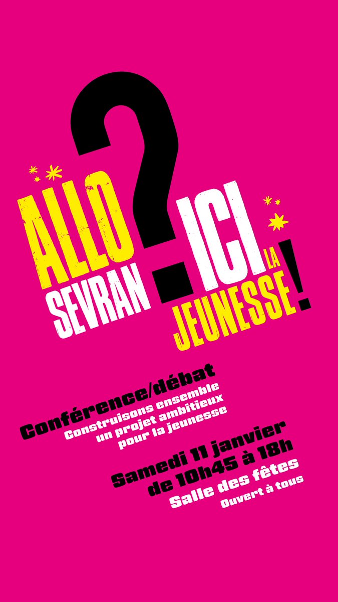 📞 ALLO SEVRAN ? ICI LA JEUNESSE !
💭 Depuis octobre, une 50aine de jeunes Sevranais réfléchissent, débattent et travaillent collectivement autour de grandes thématiques.
📆 Le 11/01, chaque groupe restituera le travail mené lors de ces ateliers. 
👉 shorturl.at/LeCr1