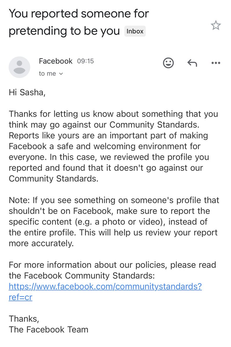 Sasha Yanshin (@sashayanshin) on Twitter photo I reported 2 scam accounts impersonating me on Facebook.
Facebook โreviewedโ these accounts and said they are not breaking any rules.
These accounts are using my name, my photos, my details and I received a message saying one of these accounts was trying to scam somebody out of I reported 2 scam accounts impersonating me on Facebook.
Facebook โreviewedโ these accounts and said they are not breaking any rules.
These accounts are using my name, my photos, my details and I received a message saying one of these accounts was trying to scam somebody out of