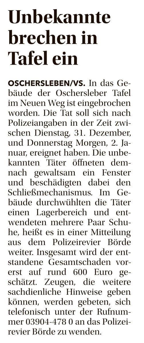 Kein schöner Start ins Jahr für die Tafel Oschersleben. 😔 Wir sind dankbar über Hinweise an die Polizei!