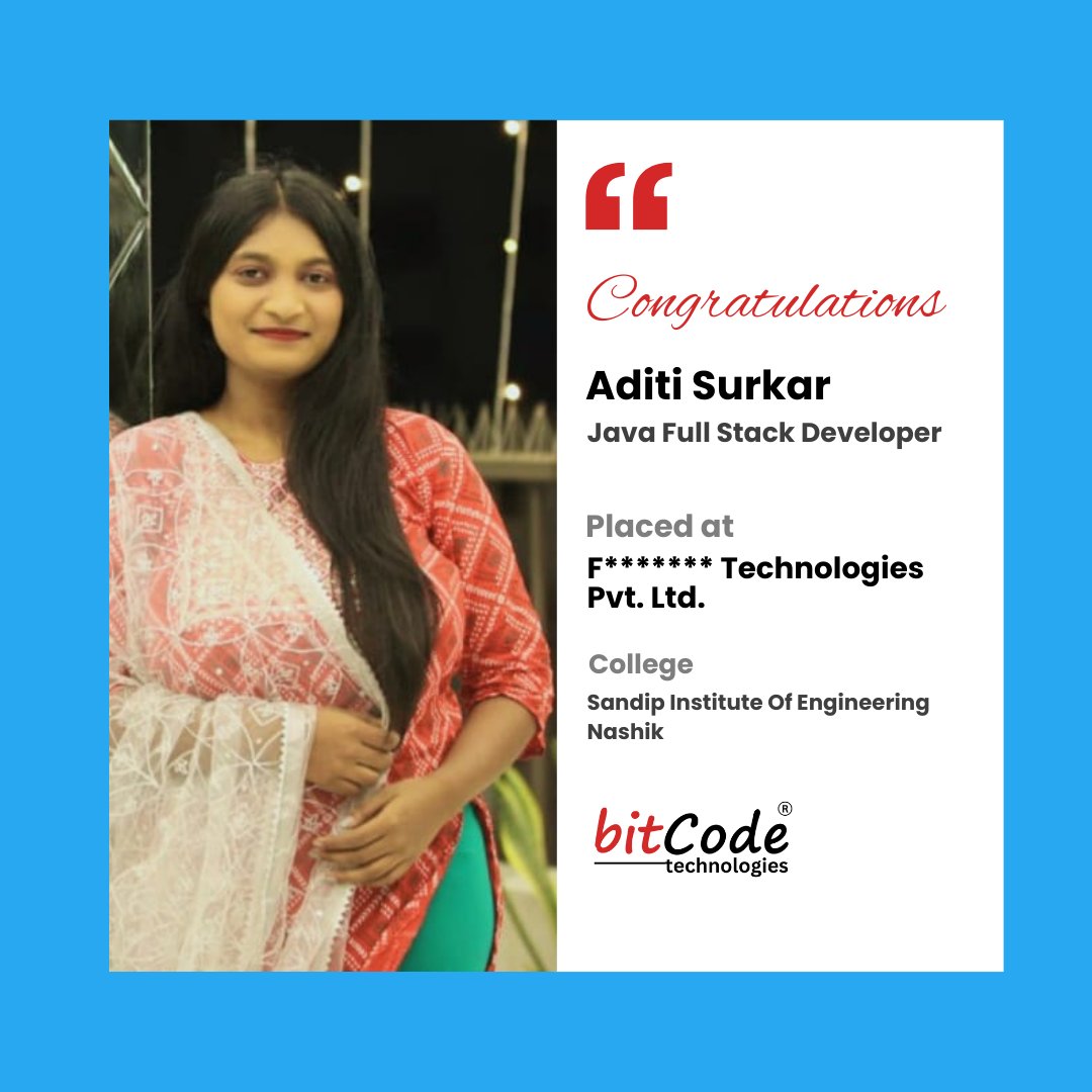 BitcodeTech's tweet image. Congratulations, Aditi Surkar,
On your successful placement as a #JavaFullStackDeveloper.
We wish you all the best for an exciting journey ahead in the tech world!
#GetFirstJob #BitcodePune #BitCode #FullStackDevelopment #FresherJobs #Technology #Placement #java #javajobs