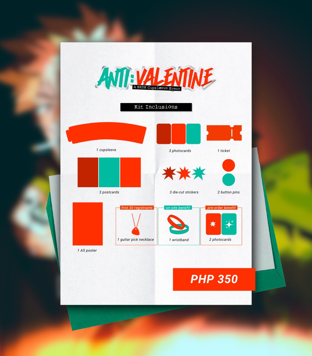 Pre-orders for Anti:Valentine : a BKDK CSE are now OPEN! 💥

PO period runs from 01/03 (8PM) to 01/20 (10PM)!

✴️ On-site Registration: tinyurl.com/BKDK-ONSITE
❇️ Local Pre-Order: tinyurl.com/BKDK-LOCAL
🎸 Int'l Pre-Order: tinyurl.com/BKDK-INTL

Poster by: <a href="/ctrl__zen/">zen</a>
#bkdkcse