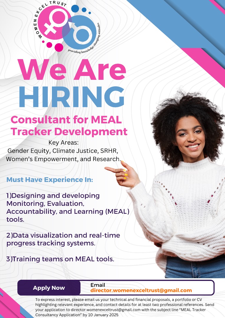 Women Excel Trust (W.E.T) (@womenempow) on Twitter photo Join Our Mission!
#WomenExcelers are hiring a MEAL Tracker Consultant to drive impact in Gender Equity, Climate Justice, and SRHR.
Think you're the one? 📩 Apply by 10 Jan 2025:
#MakeADifference #ClimateJustice #GenderEquality
<a href="/womandlaorg/">WoMandla Foundation</a> <a href="/youth_gate/">Youth Gate Zimbabwe</a> <a href="/yadvocates_hub/">Youth Advocates</a> Join Our Mission!
#WomenExcelers are hiring a MEAL Tracker Consultant to drive impact in Gender Equity, Climate Justice, and SRHR.
Think you're the one? 📩 Apply by 10 Jan 2025:
#MakeADifference #ClimateJustice #GenderEquality
<a href="/womandlaorg/">WoMandla Foundation</a> <a href="/youth_gate/">Youth Gate Zimbabwe</a> <a href="/yadvocates_hub/">Youth Advocates</a>