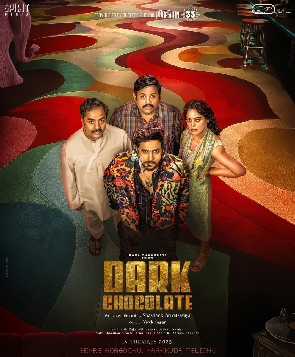 Rana Daggubati (@ranadaggubati) on Twitter photo PRESENTING the FIRST LOOK of #DarkChocolate! 🍫🖤
From the makers of Pareshan & 35 Chinna Katha Kaadu — a gripping story that’s darker than you'd think! And weirder than you'd imagine.
<a href="/siddharthr87/">Sid Rallapalli</a> <a href="/shashvarma/">Shashank Srivatsavaya</a> <a href="/imvishwadev/">Vishwadev</a> <a href="/thebindumadhavi/">Bindu Madhavi</a> @Sathishsaakar @SpiritMediaIn PRESENTING the FIRST LOOK of #DarkChocolate! 🍫🖤
From the makers of Pareshan & 35 Chinna Katha Kaadu — a gripping story that’s darker than you'd think! And weirder than you'd imagine.
<a href="/siddharthr87/">Sid Rallapalli</a> <a href="/shashvarma/">Shashank Srivatsavaya</a> <a href="/imvishwadev/">Vishwadev</a> <a href="/thebindumadhavi/">Bindu Madhavi</a> @Sathishsaakar @SpiritMediaIn