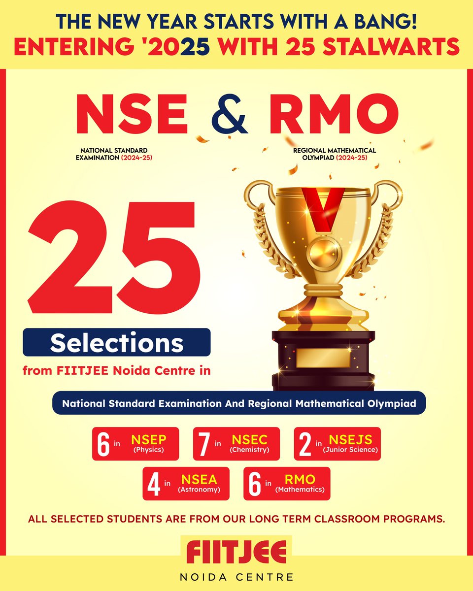 Fiitjee_Noida's tweet image. ✨ FIITJEE Noida Starts 2025 on a Winning Note✨
We are proud to announce 25 stellar selections from FIITJEE Noida Centre in the National Standard Examination (NSE) 2024-25 and Regional Mathematical Olympiad (RMO) 2024-25! 

#FIITJEENoida #NSE2025 #RMO2025 #Noida #GreaterNoida