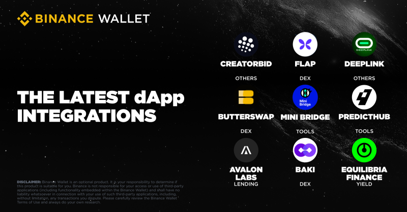 BinanceWallet's tweet photo. Explore 9 new dApps: CreatorBid, Flap, DeepLink, ButterSwap, Mini Bridge, PredictHub, Avalon Labs, Baki, and Equilibria Finance. From AI agents to cross-chain swaps and prediction markets!

Check them out ⤵️
