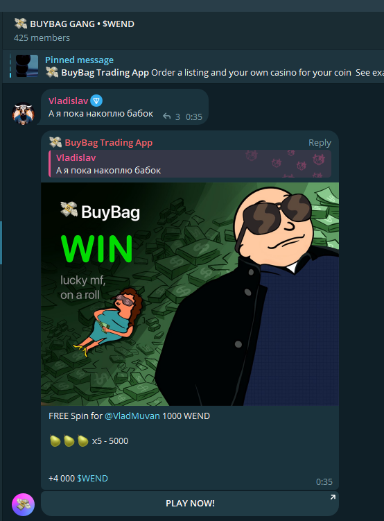 🍒 BUYBAG FREESPINS IN YOUR CHAT 🍒

Connect BuyBag to your project, start chatting and collect free spins 🤑
———————————
BuyBag Mini App - t.me/buybagtrading_…

Community - t.me/buybag_gang