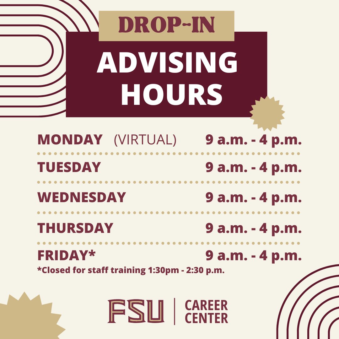 Ready to level up your career game this semester? Stop by our drop-in hours and let's make those professional dreams a reality! ✨ Check out our spring schedule and find the perfect time between classes to chat with our amazing career advisors!