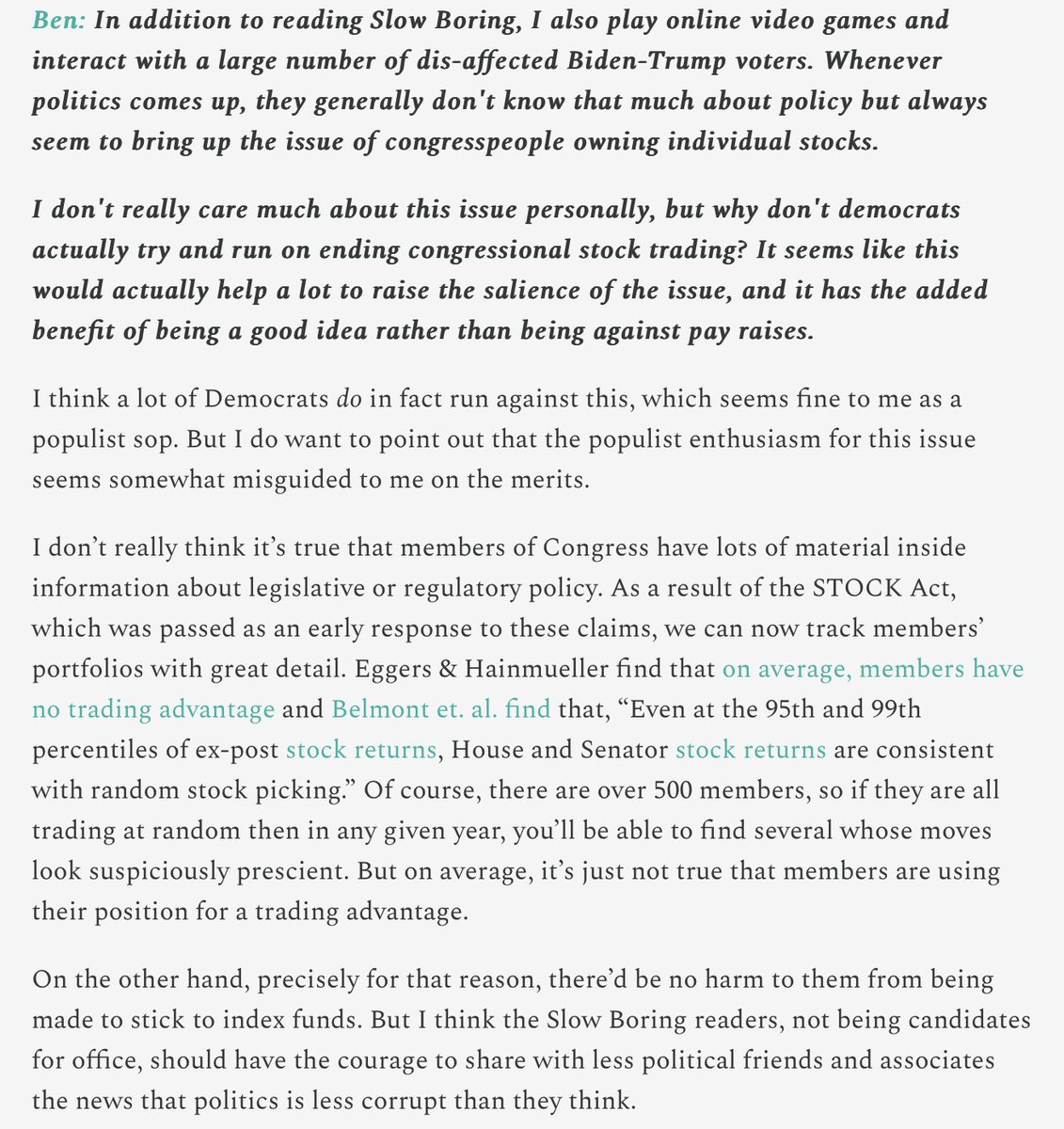 RichardHanania's tweet photo. Congressional portfolios don't beat the stock market.

This shows the power of negativity bias in dominating politics.

Even when you can prove a lack of corruption, people assume it exists. 

Rise of social media means people get more info, but it's only the outlier cases. https://t.co/8JHp7WaWFt
