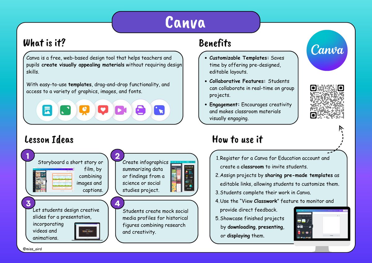 Digital Tool Guide 2

I’ve put together a quick guide to <a href="/CanvaEdu/">Canva Education</a> to help you bring creativity into your teaching! 🎨 It covers how to use it, lesson ideas, and more to support digital pedagogy.

Download it now on my website! 
sites.google.com/view/miss-aird…

#EdTech #DigitalLearning