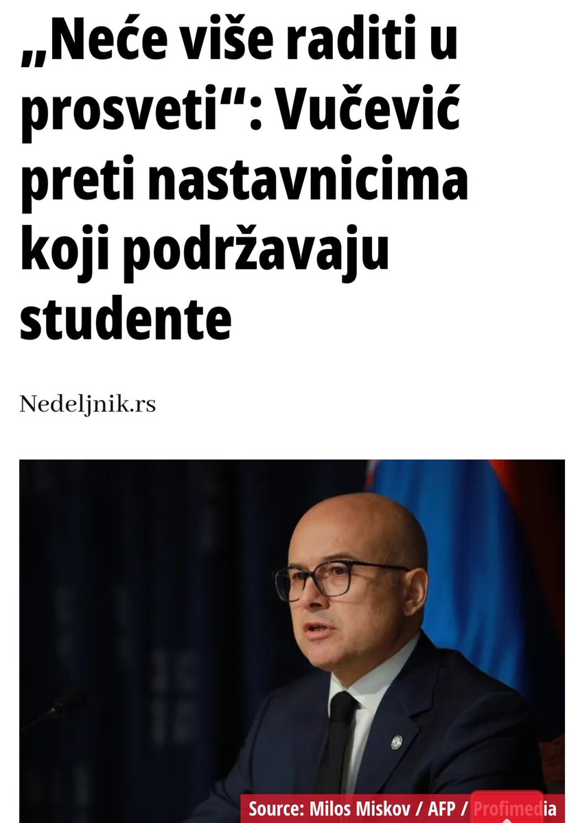 Sada bi nastavnici mogli da organizuju "plenum" u svakoj školi i da odluče šta je dugoročno bolja opcija: da podlegnu ovim pretnjama i pristanu na strah i ponižavajući položaj u društvu, ili da se pridruže studentima i da se zajedno izbore za dostojanstvno i ugled obrazovanja?