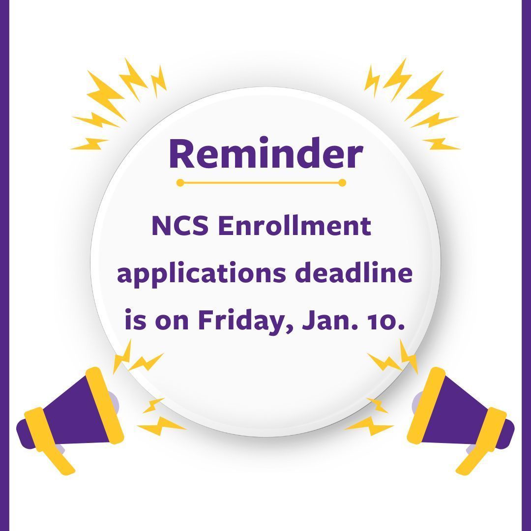 ⏰ Reminder: Enrollment applications to NCS are due on Friday, Jan. 10. 
If you’re looking to join a community that fosters excellence, service, courage, and conscience, make sure to submit your application before the deadline! 💛💜

For more info: buff.ly/4gBsUli