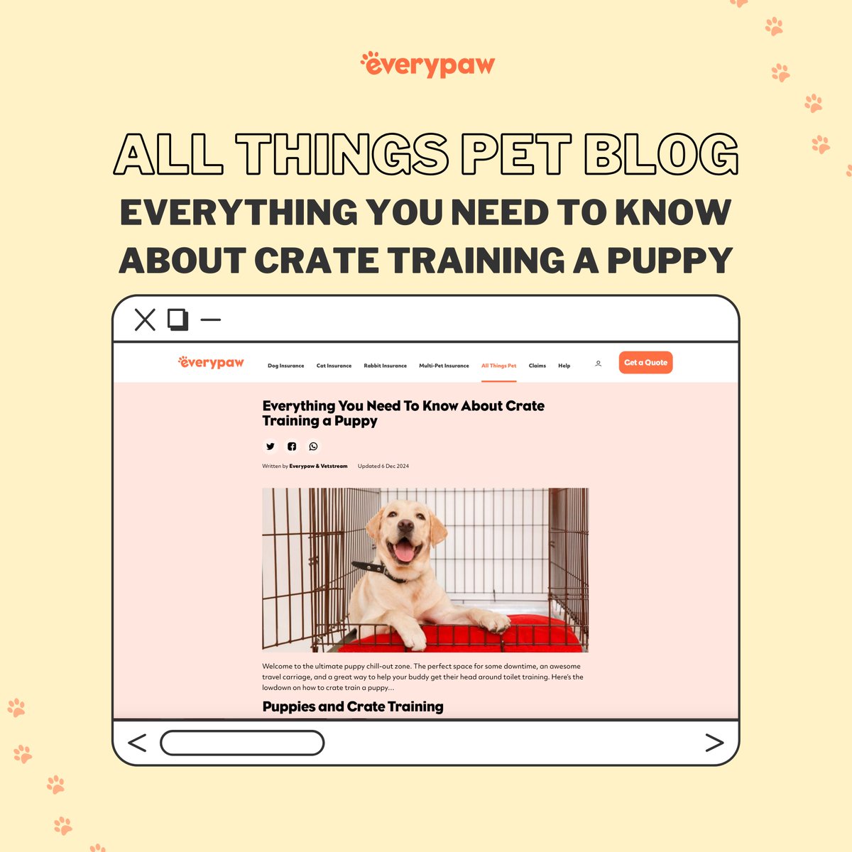 In our latest blog, we guide you through the step-by-step process of crate training.

👉 Click the link below to learn how to successfully crate train your new furry friend:

everypaw.com/all-things-pet…

#CrateTraining #PuppyTips #NewPuppy #HappyPups #Everypaw #PetInsurance