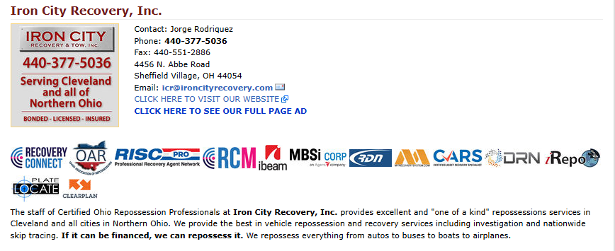 TajLong's tweet photo. Good Morning! It's Friday the 3rd! (I'm exhausted!) This morning, my Repossession Agency Spotlight is on: ***IRON CITY RECOVERY, INC. 440-377-5036***a CLEVELAND, OHIO-based REPOSSESSION AGENCY and Member, Ohio Association of Repossessors. Taj Told You on The Repo Directory! https://t.co/CcgX02eD6e