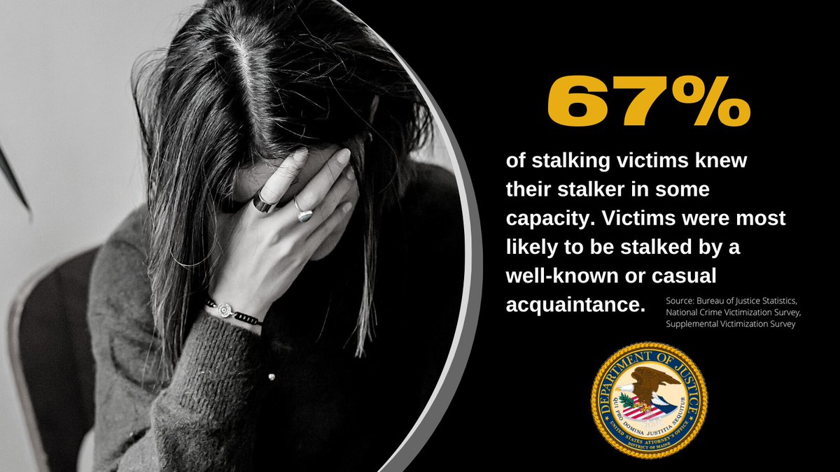 USAO_ME's tweet image. What Is Stalking? The term “stalking” means engaging in a course of conduct directed at a specific person that would cause a reasonable person to fear for his or her safety or the safety of others or suffer substantial emotional distress. #NSAM2025 #KnowItNameItStopIt