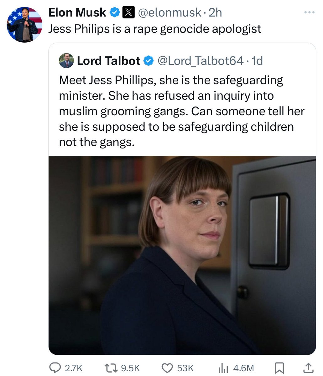Elon Musk is out of control and a danger to British society. How long before some deranged lunatic acts on this kind of incitement? Keir Starmer must take a stand against him.