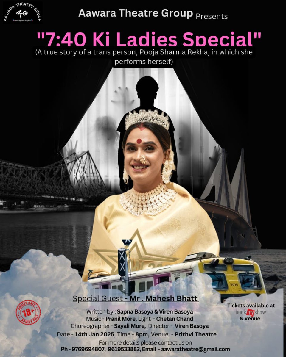 virenbasoya's tweet photo. Celebrate the power of individuality and courage in "7:40 Ki Ladies Special"– a story that dares to challenge societal norms and inspire change. 
14th January 2025 at Prithvi Theatre. 
Special Guest- Mr. Mahesh Bhatt 

Ticket link 
https://t.co/LFjROCewTP https://t.co/Iw98bYvcOd