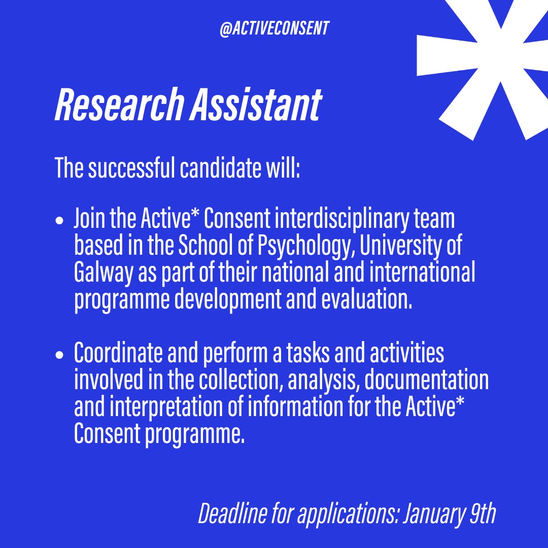 Active* Consent (@activeconsent) on Twitter photo 🚨 We’re hiring! Join our team at <a href="/uniofgalway/">Ollscoil na Gaillimhe | University of Galway</a> as a Research Assistant. Help shape the future of consent education & research!
💼 Salary: €31,962–€41,943
📅 Deadline: Jan 9, 2025
👉 Visit: bit.ly/3W7c71g
<a href="/Rethink_Ireland/">Rethink Ireland</a>
#Hiring #ActiveConsent #ResearchJobs #HigherEd 🚨 We’re hiring! Join our team at <a href="/uniofgalway/">Ollscoil na Gaillimhe | University of Galway</a> as a Research Assistant. Help shape the future of consent education & research!
💼 Salary: €31,962–€41,943
📅 Deadline: Jan 9, 2025
👉 Visit: bit.ly/3W7c71g
<a href="/Rethink_Ireland/">Rethink Ireland</a>
#Hiring #ActiveConsent #ResearchJobs #HigherEd