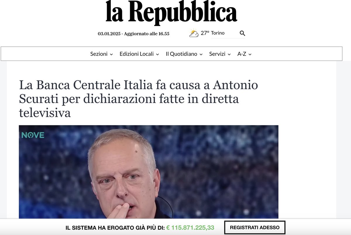 Sul sito di @Repubblica compare questa adv - non segnalata come tale - che apre una pagina fake dello stesso giornale alla url sottostante. 
Mi chiedo se sia una trovata di Gedi, di Manzoni o di chi.
Non credo di Scurati.

newfreshbest.com/2024/12/antoni….