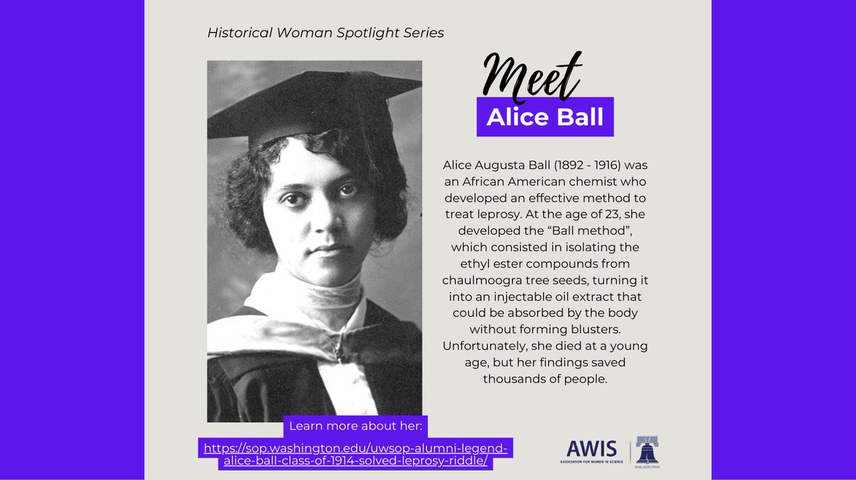 AWISPHL's tweet image. Alice Ball was a chemist who developed a method to treat leprosy and save thousands of people. We celebrate her today!
Learn more on: sop.washington.edu/uwsop-alumni-l…
#awis #awisphl #remarkablescientists