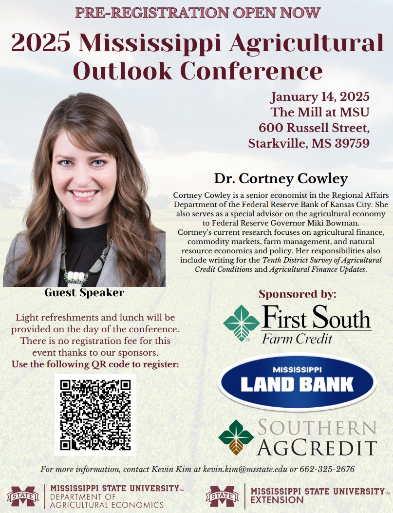 The 2025 Mississippi Agricultural Outlook Conference will be held Jan. 14 at MSU! The main goal of this 8-hour conference is to provide agricultural economic outlook for anyone who is interested in production and economic updates.

Register here: ow.ly/Ho9w50Ueafc #mscrops