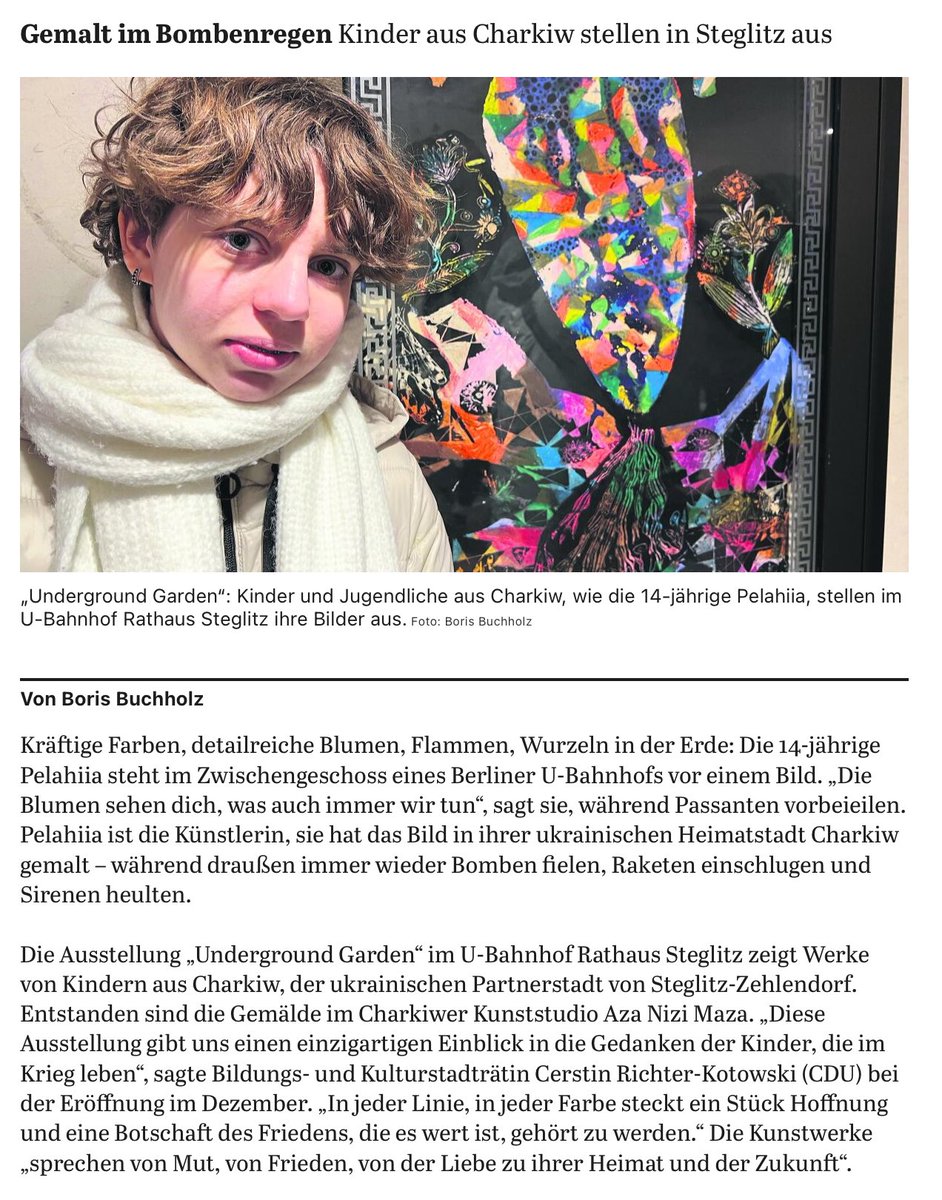 Heute im <a href="/Tagesspiegel/">Tagesspiegel</a> : „Die Kinder von #Charkiw: Im Bombenregen gemalte Bilder hängen jetzt im Berliner U-Bahnhof“  Noch bis Mitte Januar im U Rathaus #Steglitz <a href="/BVG_Kampagne/">Weil wir dich lieben</a> <a href="/BVG_Ubahn/">BVG U-Bahn</a>  tagesspiegel.de/berlin/bezirke…