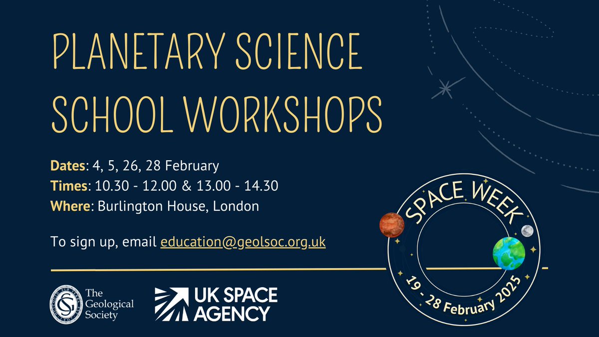 Join us for our free planetary science school workshops for Key Stage 3 👩‍🚀
The workshops will discuss where meteorites come from and how they form, using real space rocks!
When? Feb 4, 5, 26, 28. AM &amp; PM slots
Where? Burlington House, London
geolsoc.org.uk/planetaryworks…