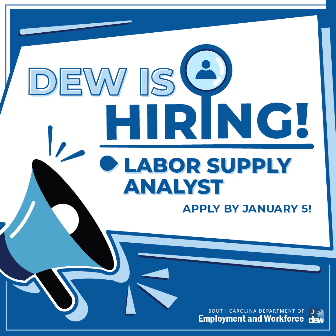 SCDEWinfo's tweet photo. Do you have experience designing, developing, and implementing automated systems to extract data from various sources using programming languages and specialized tools? If so, join our team as a Labor Supply Analyst! Visit https://t.co/pvUnnr2aFZ to learn more about this amazing job opportunity and make sure to apply by January 5.